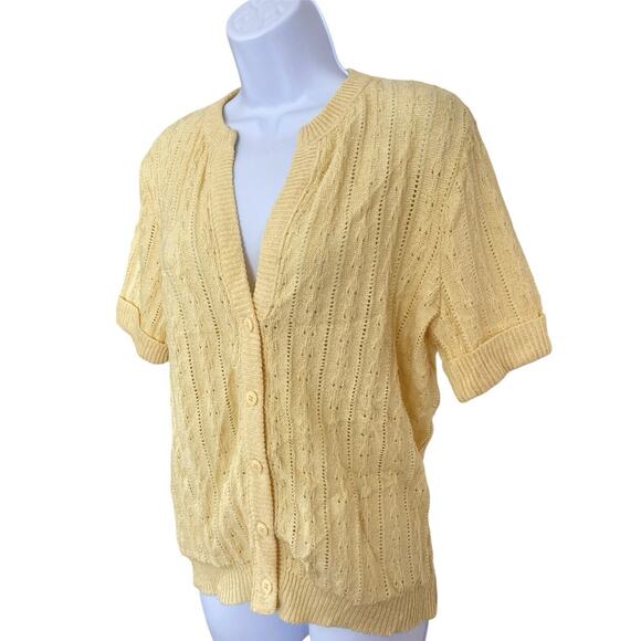 Vintage 70s 80s Yellow Cottage Preppy Cable Knit Cardigan Sweater Top Size S/M - Picture 2 of 5